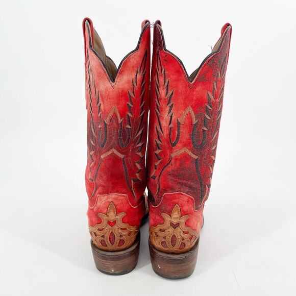 Lucchese Red Suede Hand Tooled Filigree Wingtip Square Toe Western Boot size 7.5 - Picture 8 of 12